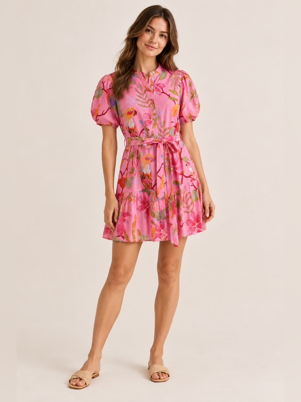 NWT J. Marie Pink Tropical Bird Print Puff Sleeve Mini Dress XS